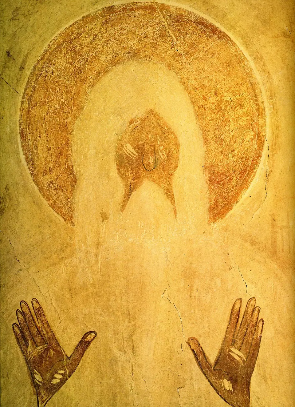 São Macário, o Grande (o halo e as mãos do afresco), obra de Teófanes, o Grego