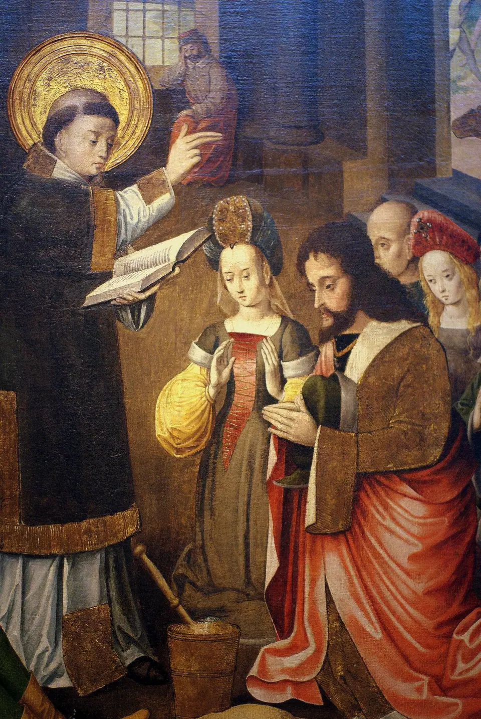 Pintura sacra ilustrativa: São Lourenço batiza o carcereiro, Mestre da Lenda de São Lourenço de Colônia