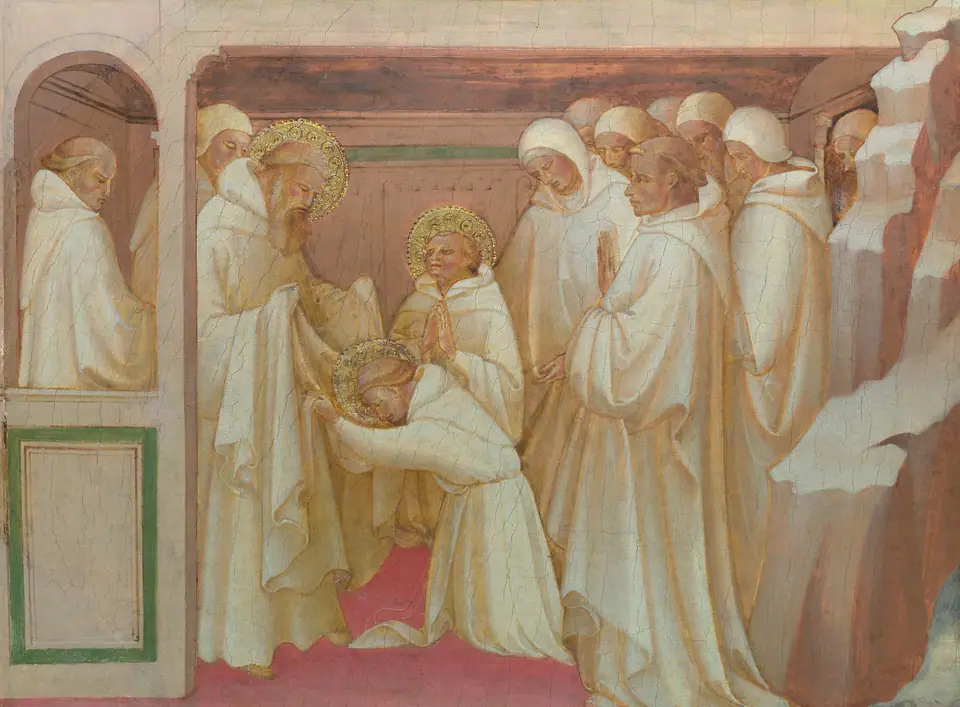 Pintura sacra ilustrativa: Lorenzo Monaco, Saint Benedict admitting Saints into the Order, 1409, London NG, Lorenzo Monaco