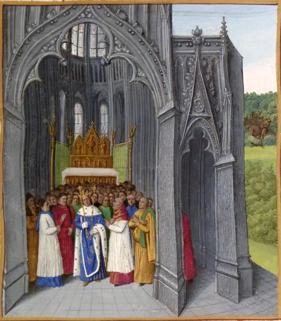 São Landerico de Paris e o rei Clóvis II isentando a abadia de Saint-Denis, obra de Jean Fouquet