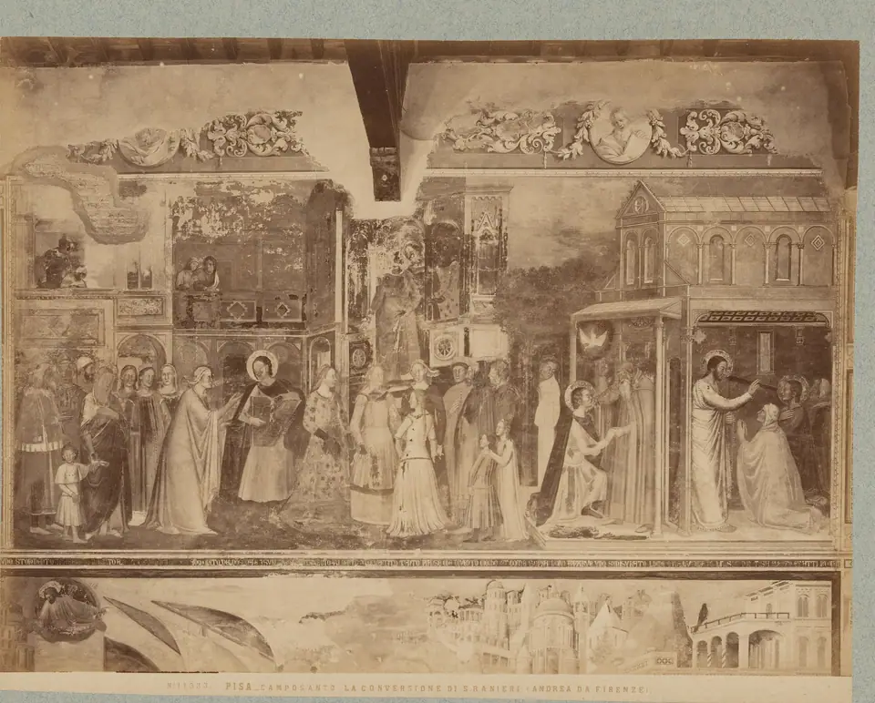 A conversão de São Ranieri de Pisa, obra de Andrea da Firenze (afresco), em foto antiga