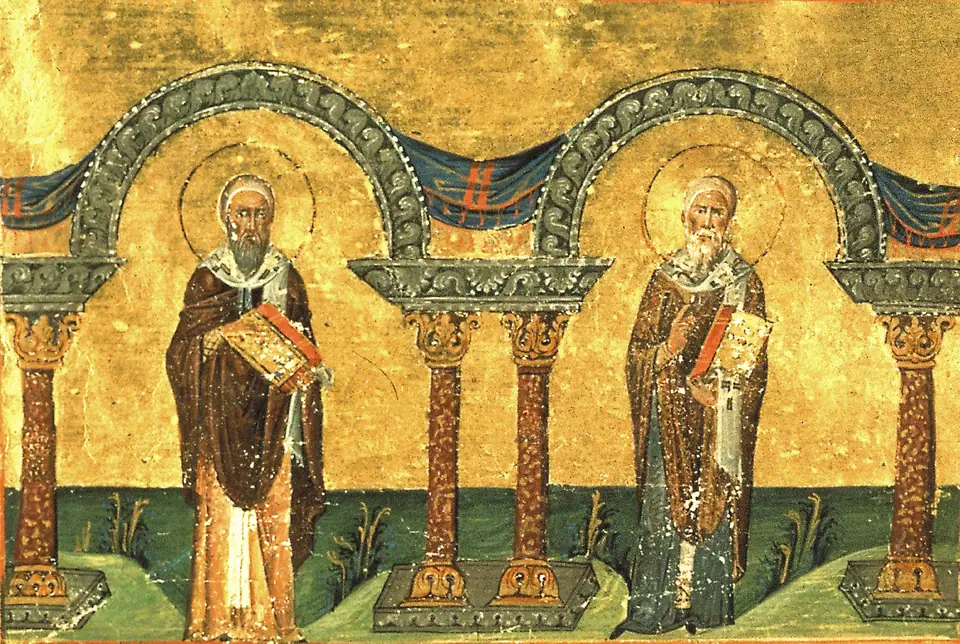 São Cirilo de Alexandria, com Santo Atanásio, obra de autor desconhecido (Menológio de Basílio II)