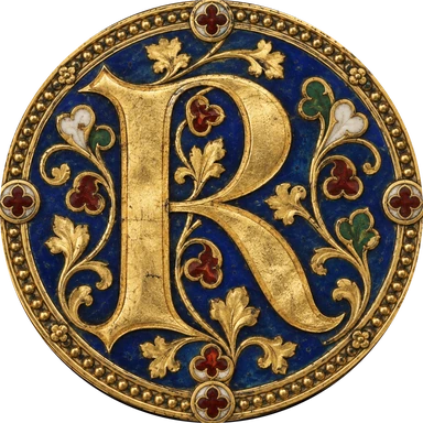 Selo do Relicário: a inicial R em ouro sobre fundo azul, com flores esmaltadas